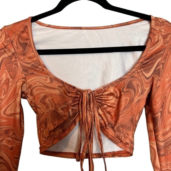 Shein Marble Swirl Print 70’s Retro Long Sleeve Tie Front Ultra Crop Top - Picture 7 of 8